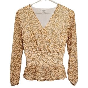 🎉Japna Animal Print Cross Front Long Sleeve Peplum Blouse Size S *1152